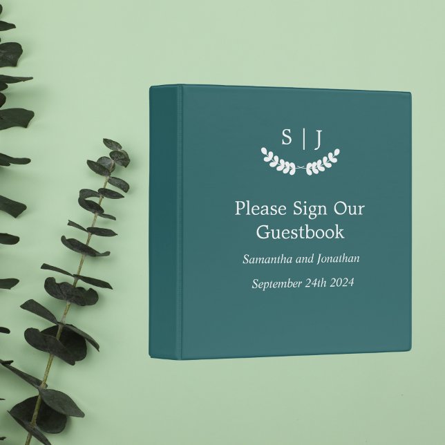 Elegant Monogram Green Jewel Guest Book 3 Ring Binder (Creator Uploaded)