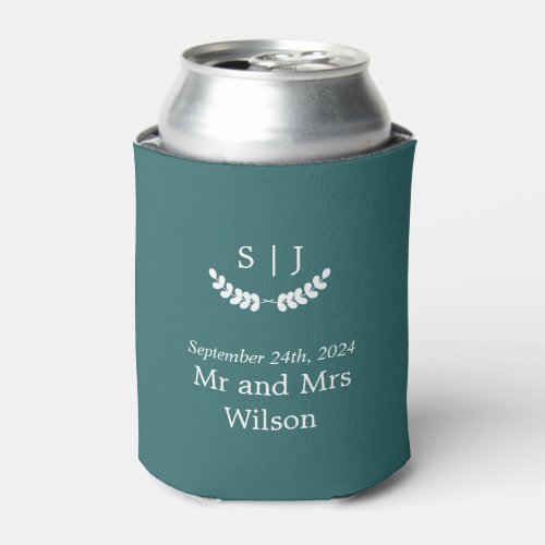 Elegant Monogram Green Jewel Tone Wedding  Can Cooler