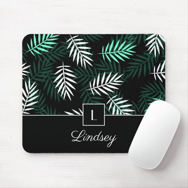 Elegant Monogram Green Leaves Botanical Pattern Mouse Pad (With Mouse)