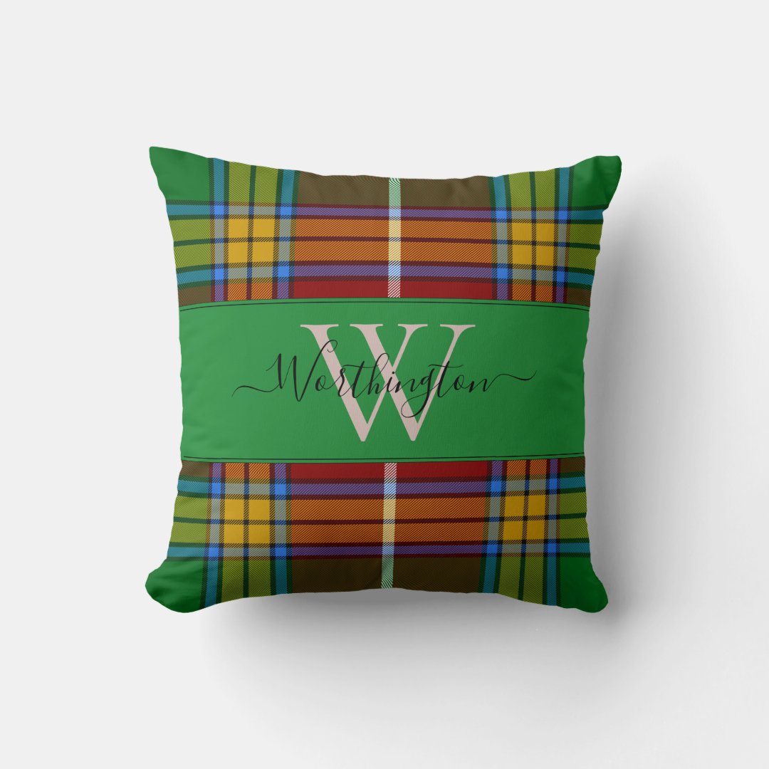 Elegant Monogram Green Plaid Throw Pillow Zazzle