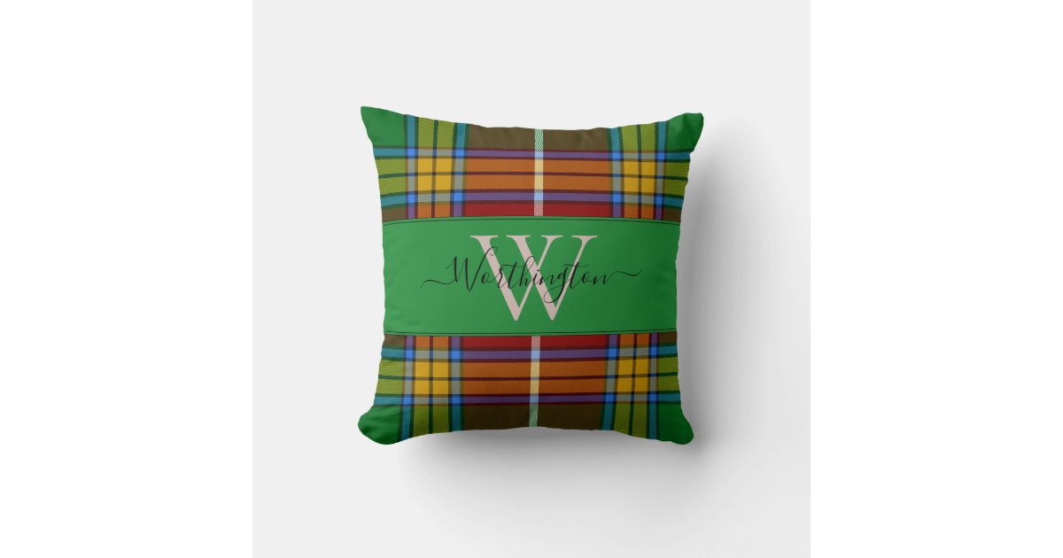 Elegant Monogram Green Plaid Throw Pillow Zazzle