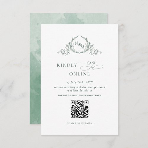 Elegant Monogram Green RSVP Online QR Code  Enclosure Card