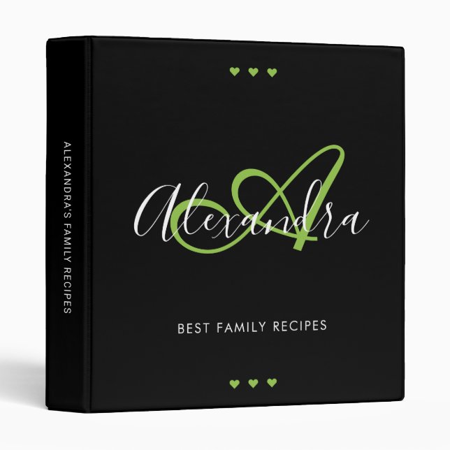 Elegant Monogram Green Script Black Name Recipe  3 Ring Binder (Front/Spine)