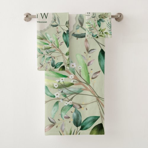 Elegant Monogram Green Watercolor Floral Pattern Bath Towel Set