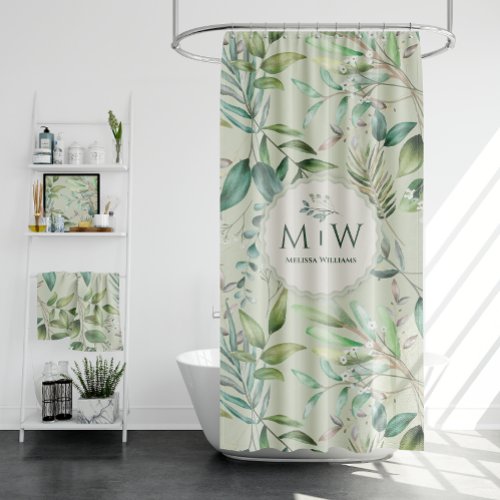 Elegant Monogram Green Watercolor Floral Pattern Shower Curtain