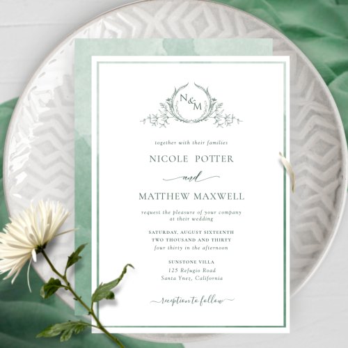 Elegant Monogram Green Watercolor Wedding Invitati Invitation