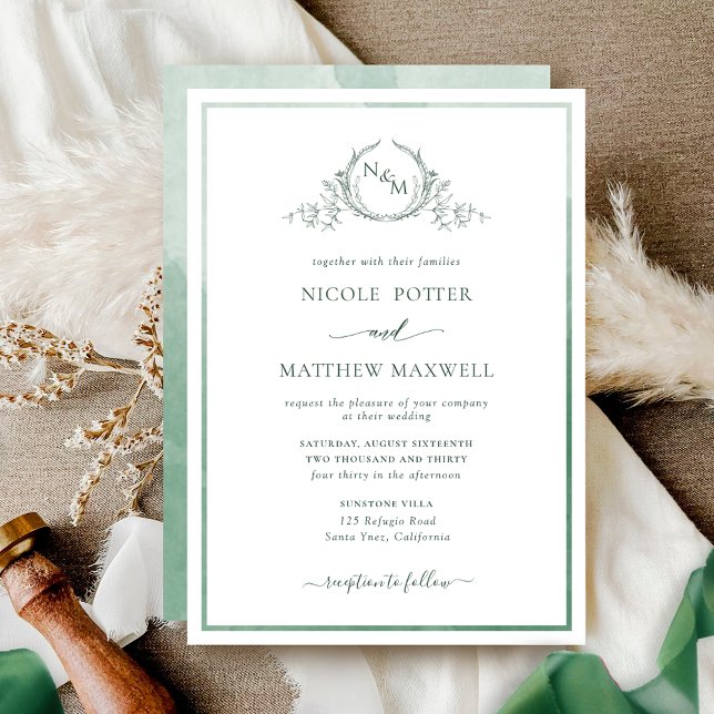 Elegant Monogram Green Watercolor Wedding Invitati Invitation (Creator Uploaded)