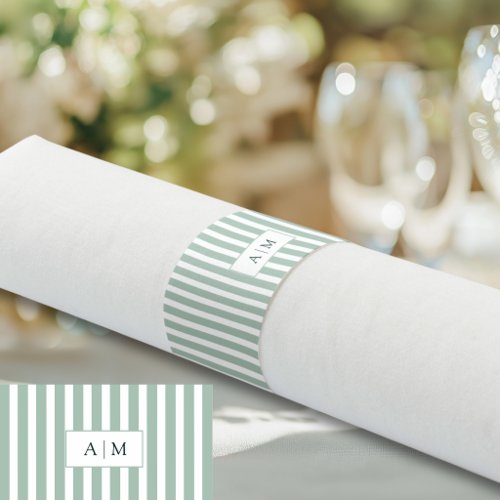 Elegant Monogram Green White Stripes Wedding  Napkin Bands