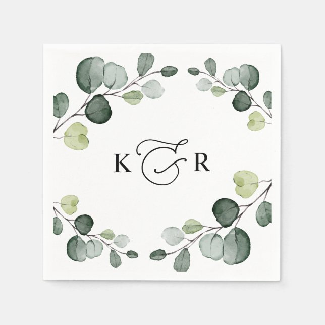 Elegant Monogram Greenery Eucalyptus Personalized Napkins (Front)