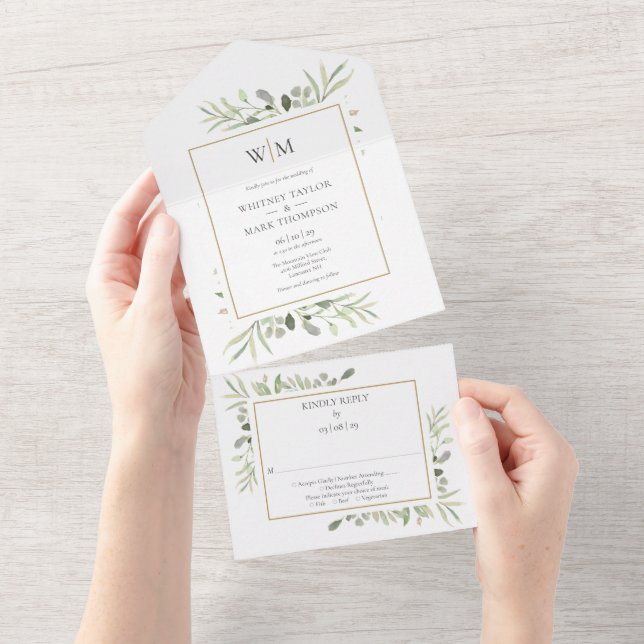 Elegant Monogram Greenery Foliage Wedding  All In One Invitation (Tearaway)