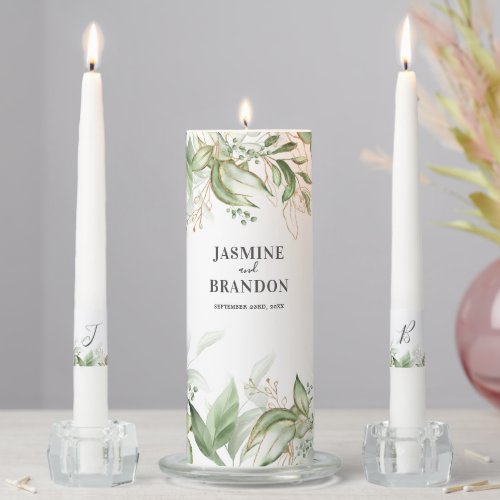 Elegant Monogram Greenery Gold Wedding Unity Candle Set