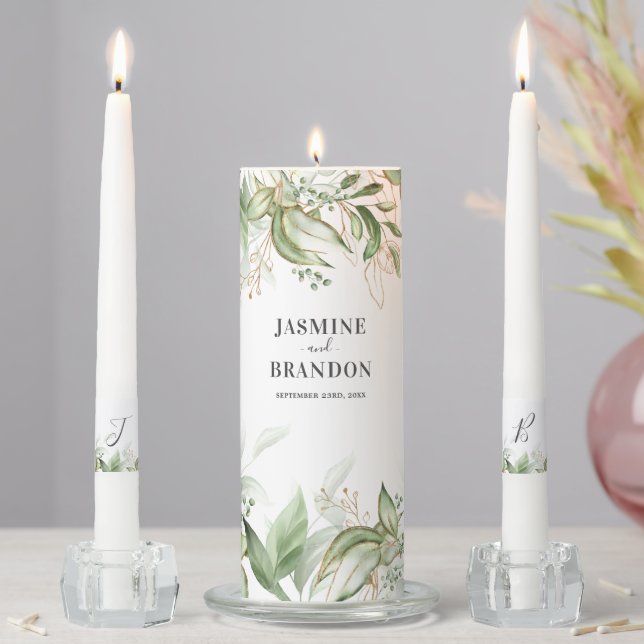 Elegant Monogram Greenery Gold Wedding Unity Candle Set (In Situ)