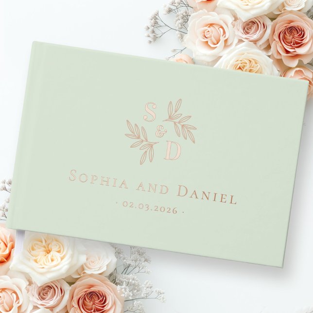 Elegant monogram greenery leaves light green foil guest book  (Elegant monogram greenery leaves light green foil guest book)