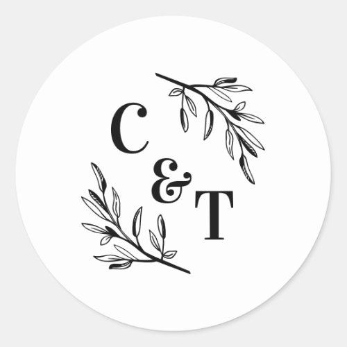 Elegant Monogram Greenery Leaves Wedding Classic Round Sticker