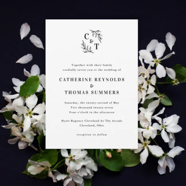 Elegant Monogram Greenery Leaves Wedding Invitation | Zazzle