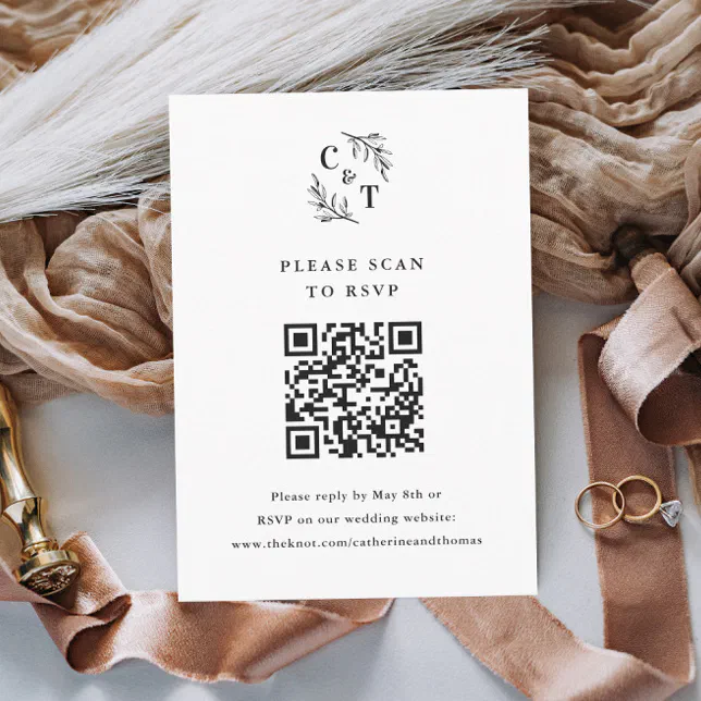 Elegant Monogram Greenery Leaves Wedding QR Code RSVP Card | Zazzle