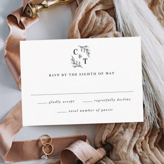 Elegant Monogram Greenery Leaves Wedding RSVP Card | Zazzle