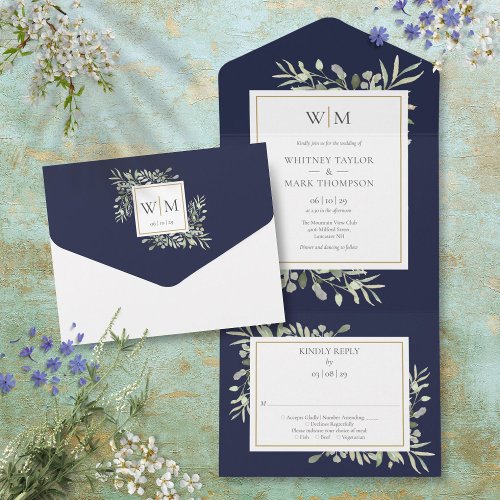 Elegant Monogram Greenery Navy Blue Wedding All In One Invitation