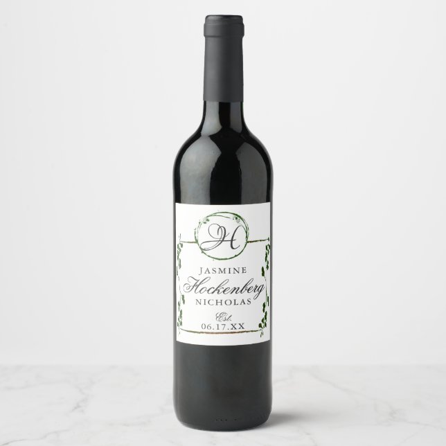 Elegant Monogram Greenery Personalized Wine Label (Front)
