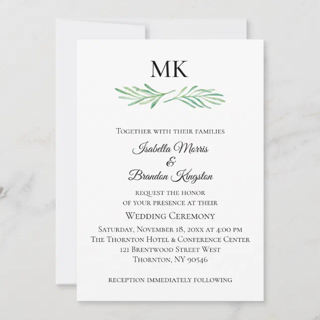 Elegant Monogram Greenery Wedding Invitation | Zazzle