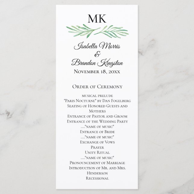 Elegant Monogram Greenery Wedding Program (Front)