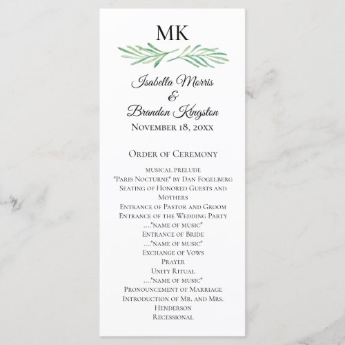 Elegant Monogram Greenery Wedding Program