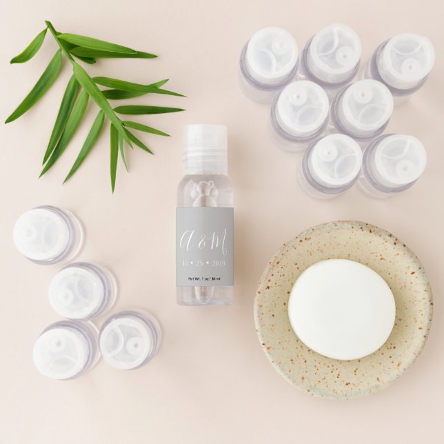 Elegant Monogram Grey Wedding Favor Hand Sanitizer (Laydown)