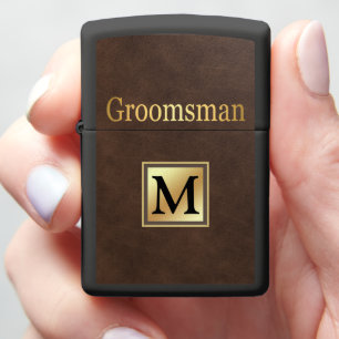 Elegant Monogram Groomsman Gift Brown Leather Look Zippo Lighter