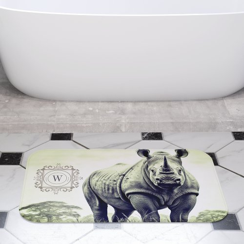 Elegant Monogram Hand Drawn African Rhinoceros  Bath Mat