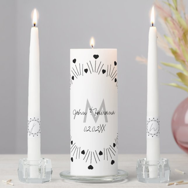 Elegant Monogram Hand Drawn Heart Border Unity Candle Set (In Situ)
