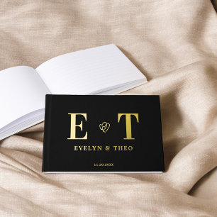Elegant Monogram Heart Black Wedding Foil Guest Book