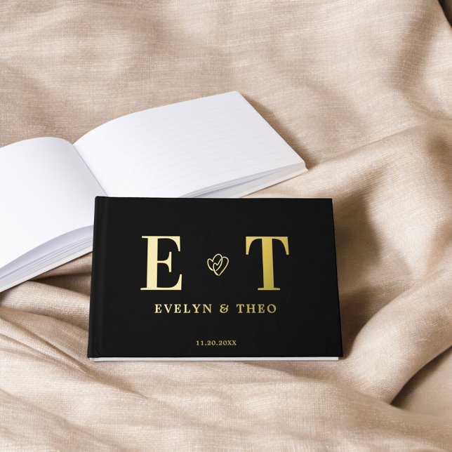 Elegant Monogram Heart Black Wedding Foil Guest Book (Creator Uploaded)