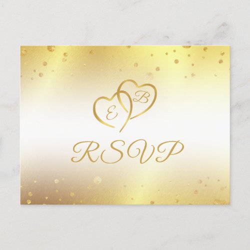 Elegant Monogram Hearts  Faux Metallic Gold RSVP Invitation Postcard