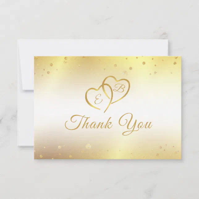Elegant Monogram Hearts Metallic Gold Thank You Card | Zazzle