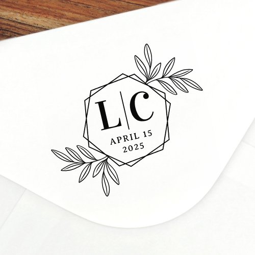 Elegant monogram hexagon border greenery leaves rubber stamp