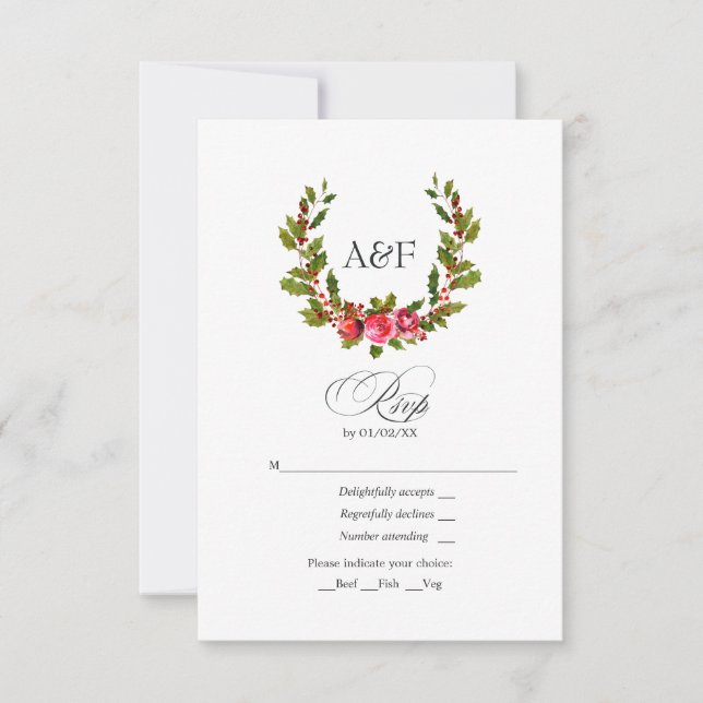 Elegant Monogram Holly and Ivy Christmas Wedding RSVP Card (Front)