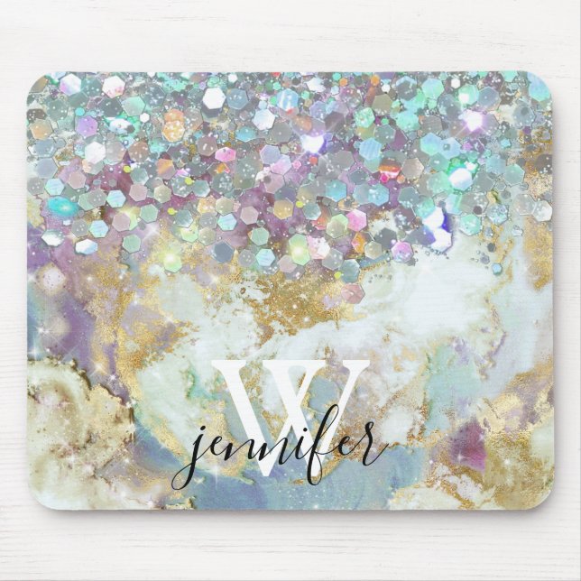 Elegant Monogram Holographic Glitter Purple Galaxy Mouse Pad (Front)
