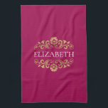Elegant Monogram Hot Pink Gold Kitchen Towel<br><div class="desc">An elegant and chic hot pink and gold flourish monogram kitchen towel. Add your name between the gold floral flourish on the front. Designed for you by Blackberry Boulevard.</div>