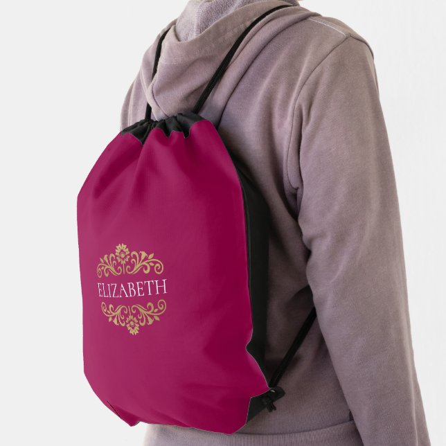 Elegant Monogram Hot Pink Gold School Drawstring Bag (Insitu)