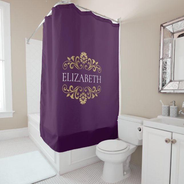 Elegant Monogram Hot Purple Gold Shower Curtain (In Situ)