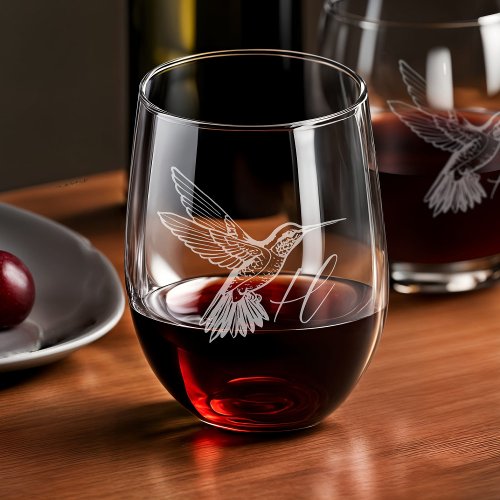 Elegant Monogram Hummingbird Bridal Party Etched Stemless Wine Glass