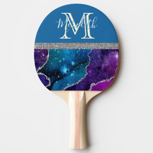 Elegant Monogram I Purple Teal Agate Silver  Ping  Ping Pong Paddle