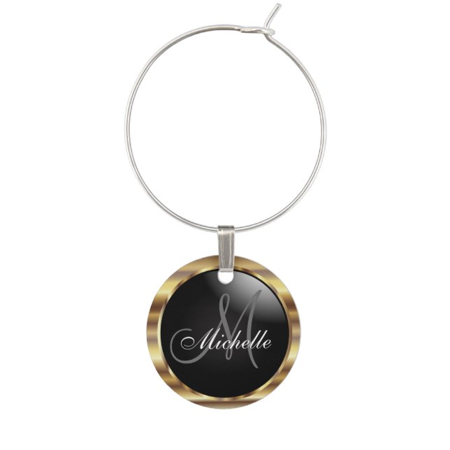 Elegant Monogram in Black & Metallic Gold Wine Charm (Front)