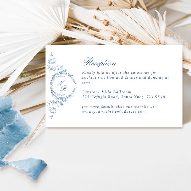 Elegant Monogram in Blue Wedding Reception Enclosure Card (Creator Uploaded)