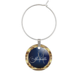 *Elegant Monogram in Navy Blue &amp; Metallic Gold Wine Glass Charm