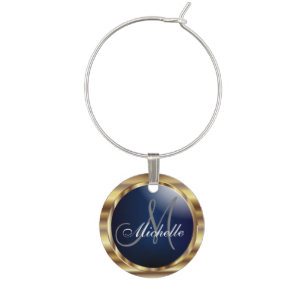*Elegant Monogram in Navy Blue & Metallic Gold Wine Glass Charm
