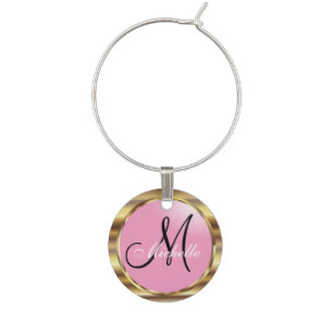 Elegant Monogram in Pink & Metallic Gold Wine Charm