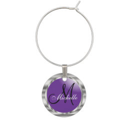 Elegant Monogram in Purple &amp; Metallic Silver Wine Charm