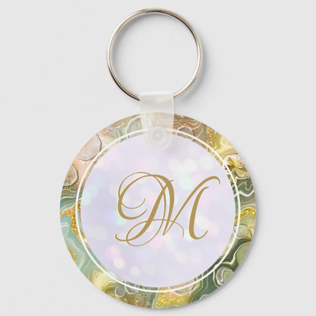 Elegant Monogram Initial Abstract Gold Marble Keychain (Front)