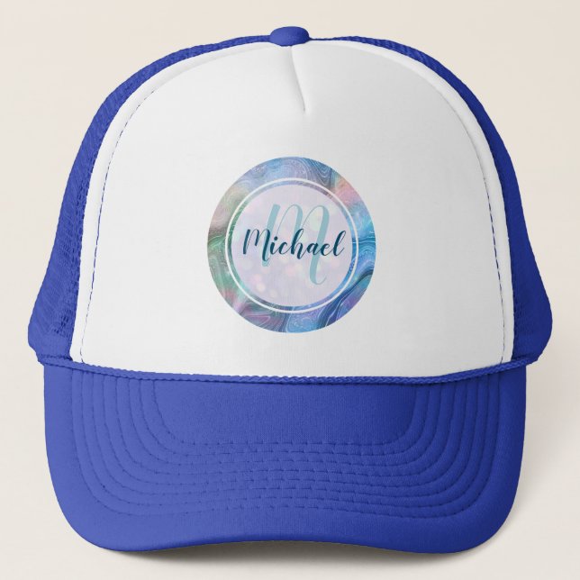 Elegant Monogram Initial Abstract Gold Marble Trucker Hat (Front)